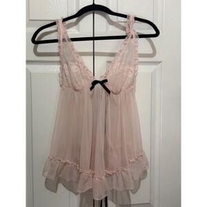Victoria's Secret Pink Black Sheer‎ Babydoll Chemise Ruffle Lace Bow M/M Boudoir